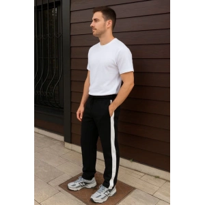 Erkek Üç İplik Kışlık Pamuklu Yandan Garneli Kalın Şeritli Cepli Eşofman Altı - Siyah