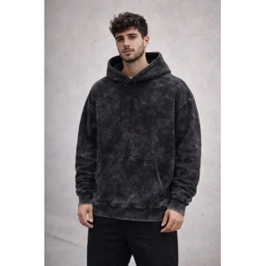 Erkek Yağ Yıkamalı Kapşonlu Double Oversize Üç İplik Pamuklu Sweatshirt - Siyah