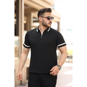 Erkek Yaka Ve Kolları çizgi Detaylı Fermuarlı Kısa Kollu T-shirt
