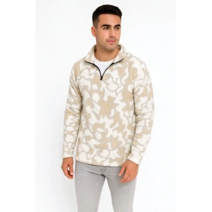 Erkek Yarım Fermuarlı Desenli Polar Sweat Yakalı, Uzun Kollu, Oversize Rahat Kalıp - Bej
