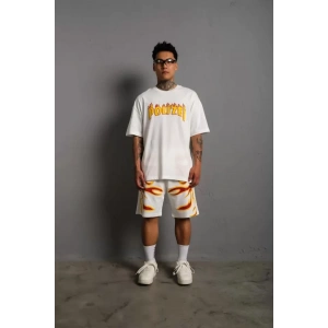 Erkek Alev Baskılı İkili Şortlu Takım - Beyaz