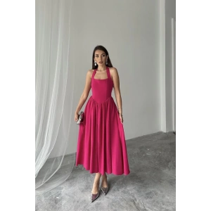 Fuşya Boyundan Bağlamalı Keten Elbise