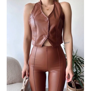 İki düğmeli deri yelek kahve s243001