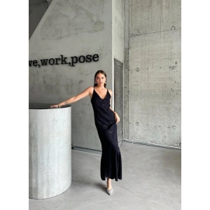 JAKARLI ASKILI SATEN ELBİSE ASİMETRİK - Siyah