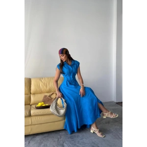 JAKARLI KETEN ELBİSE ÖNDEN YIRTMAÇLI CEPLİ - Saks