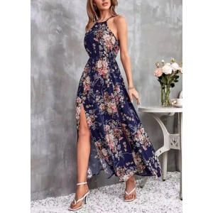 Kadın Açık Omuz Halter Yaka Beli Lastikli Büzgü Detay önden Yırtmaçlı çiçek Desenli Süprem Elbise