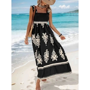 Kadın Askılı Kare Yaka Gipe Detaylı Desenli Suprem Elbise