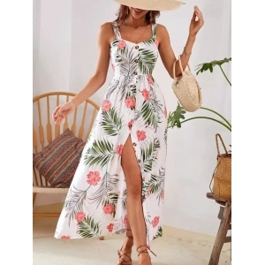 Kadın Askılı önden Düğmeli Yaprak Desenli Uzun Süprem Elbise