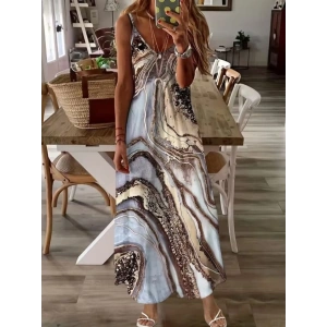 Kadın Askılı V Yakalı Desenlı Uzun Süprem Elbise