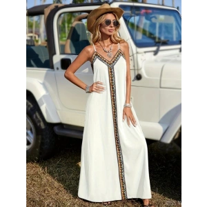 Kadın Askılı V Yakalı Etnik şerit Detaylı Uzun Viskon Elbise