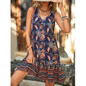 Kadın Askılı V Yakalı Fırfırlı Desenli Süprem Kısa Elbise