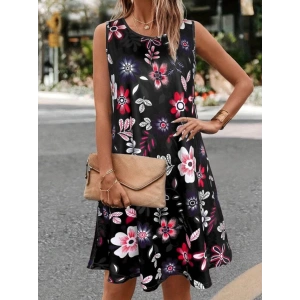 Kadın Askılı Yuvarlak Yaka Desenli A Kesim Süprem Elbise