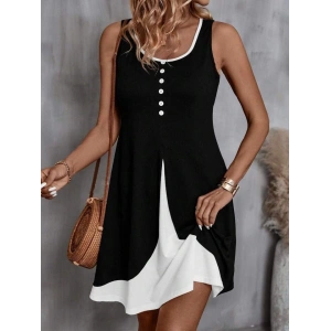 Kadın Askılı Yuvarlak Yaka önden Düğmeli çift Renkli Viskon Elbise