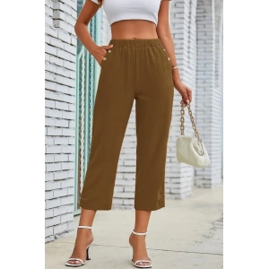 Kadın Beli Lastikli Düğme Ve Cep Detaylı Kapri Ithal Keten Pantolon