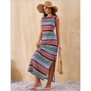 Kadın Bisiklet Yaka Cizgi Desen Süprem Elbise