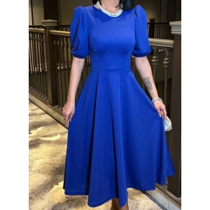 Kadın Bisiklet Yaka Kısa Kol Lastik Detay Uzun Elbise