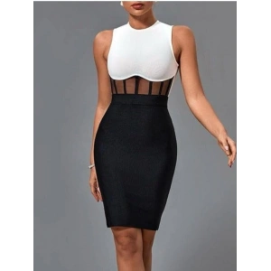 Kadın Bisiklet Yaka Kolsuz çift Renk Ve Bel Transparan Korse Detay Midi Boy Elbise