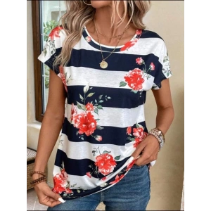 Kadın Çiçek Desenli Yatay Şeritli Bisiklet Yaka Tişört