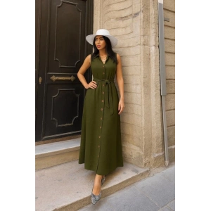 Kadın Düğme Detay Kuşak Dahil Elbise