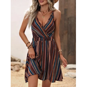 Kadın Ip Askılı Kruvaze Yakalı Beli Lastikli Desenli Süprem Elbise