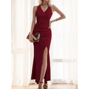 Kadın Ip Askılı Kruvaze Yakalı Yırtmaçlı Uzun Ithal Krep Elbise