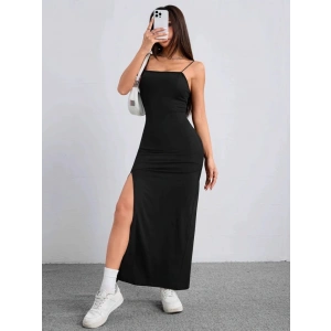 Kadın Ip Askılı Yandan Yırtmaçlı Janjan Krep Elbise