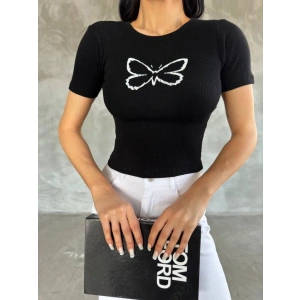 Kadın Kelebek Desenli Bisiklet Yaka Fit Bluz