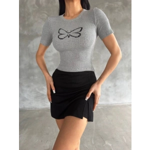 Kadın Kelebek Desenli Bisiklet Yaka Fit Bluz