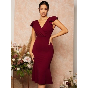 Kadın Kısa Kelebek Kollu Kruvaze Yaka Ithal Krep Midi Elbise