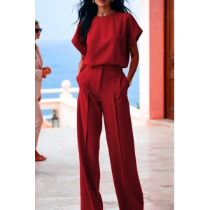 Kadın Kısa Kollu Bisiklet Yaka Bluz Yüksek Bel Cep Detaylı Pantolon Atlas Ikili Takım