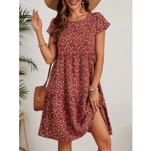 Kadın Kısa Kollu Bisiklet Yaka çiçek Desenli Süprem Elbise