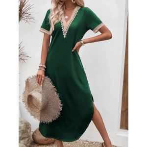 Kadın Kısa Kollu Dantel V Yakalı Uzun Viskon Elbise