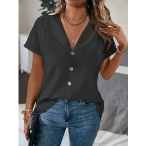 Kadın Kısa Kollu Derin V Yakalı Düğmeli Ithal Keten Bluz