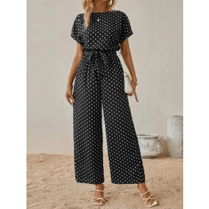 Kadın Kısa Kollu Kayık Yaka Belden Kuşaklı örme Krep Tulum