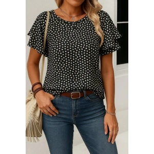 Kadın Kısa Kollu Kolları Volanlı Baskılı Süprem Bluz