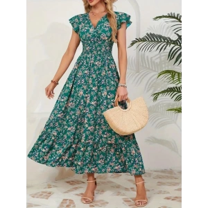 Kadın Kısa Kollu Kruvaze Yaka Beli Lastikli çiçek Desenli Elbise