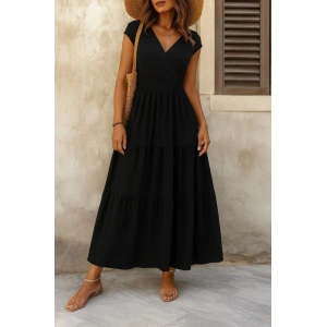 Kadın Kısa Kollu Kruvaze Yaka Beli Lastikli Süprem Maksi Boy Elbise