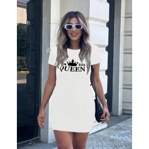 Kadın Kısa Kollu Queen Baskı Iki Iplik Mini Elbise