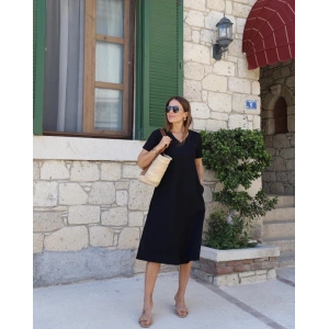 Kadın Kısa Kollu V Yaka Cepli Viskon Elbise