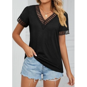 Kadın Kısa Kollu V Yaka Dantel Yakalı Viskon Bluz