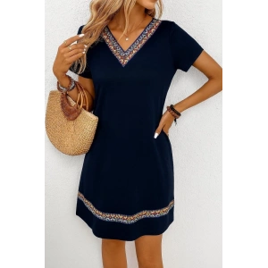 Kadın Kısa Kollu V Yakalı Etnik Desen şerit Detaylı Viskon Elbise