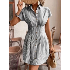 Kadın Kısa Kollu Yakalı önden Düğmeli Kısa Trikoton Elbise