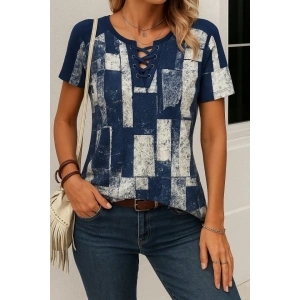 Kadın Kısa Kollu Yakası Bağcıklı Kuş Gözü Detay Süprem Bluz