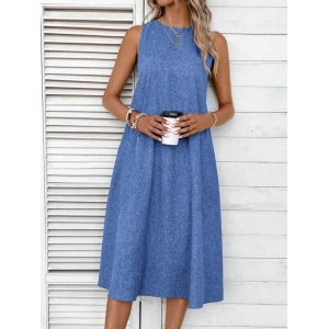 Kadın Kolsuz Bisiklet Yaka Cepli Midi Keten Elbise