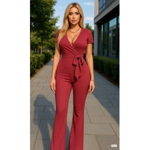 Kadın Kruvaze Yaka Kısa Kollu Kuşaklı Tulum