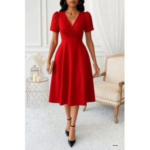 Kadın Kruvaze Yaka Kısa Kollu Midi Boy Krep Kumaş Elbise