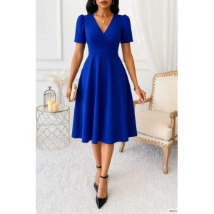 Kadın Kruvaze Yaka Kısa Kollu Midi Boy Krep Kumaş Elbise