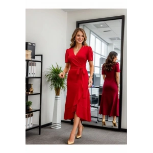 Kadın Kruvaze Yaka Midi Boy Kuşaklı Krep Elbise 120 Cm