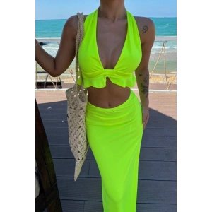 Kadın Mayo Kumaş Bağlamalı Crop Ve Maxi Boy Etek Ikili Takım