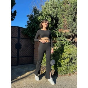 Kadın Paçası Yırtmaç Detaylı Taşlı Bel Bağlamalı Kaşkorse İkili Takım